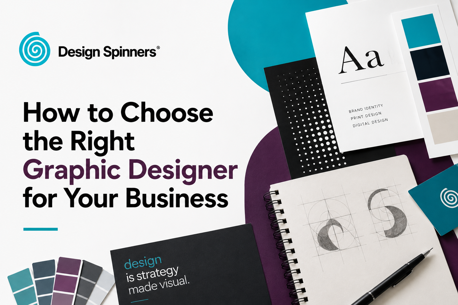 Business owner reviewing branding, website design, logo concepts, and creative strategy with a professional graphic designer.